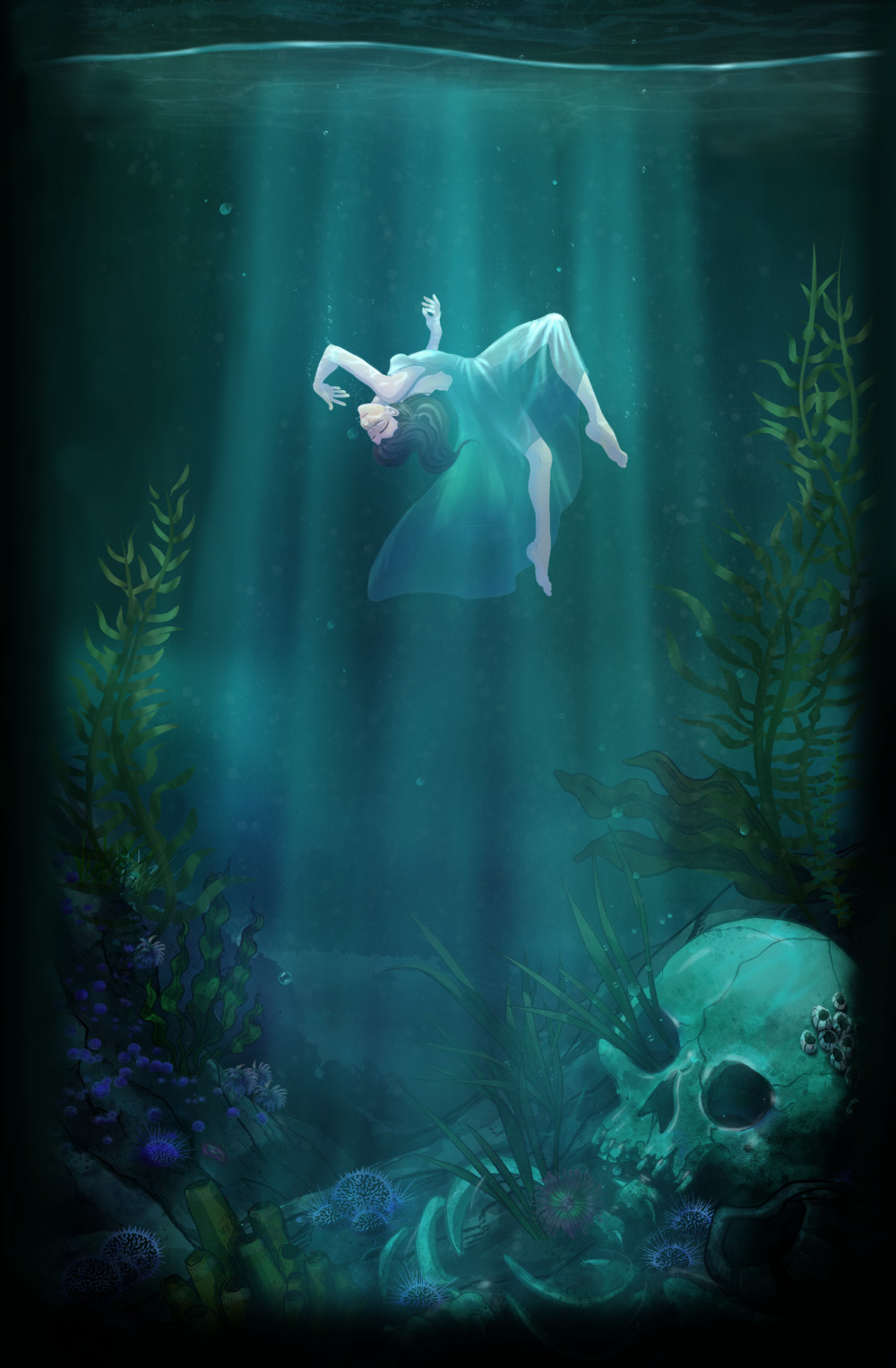 Woman floating under water in a white dress. A skull is on the seabed floor.