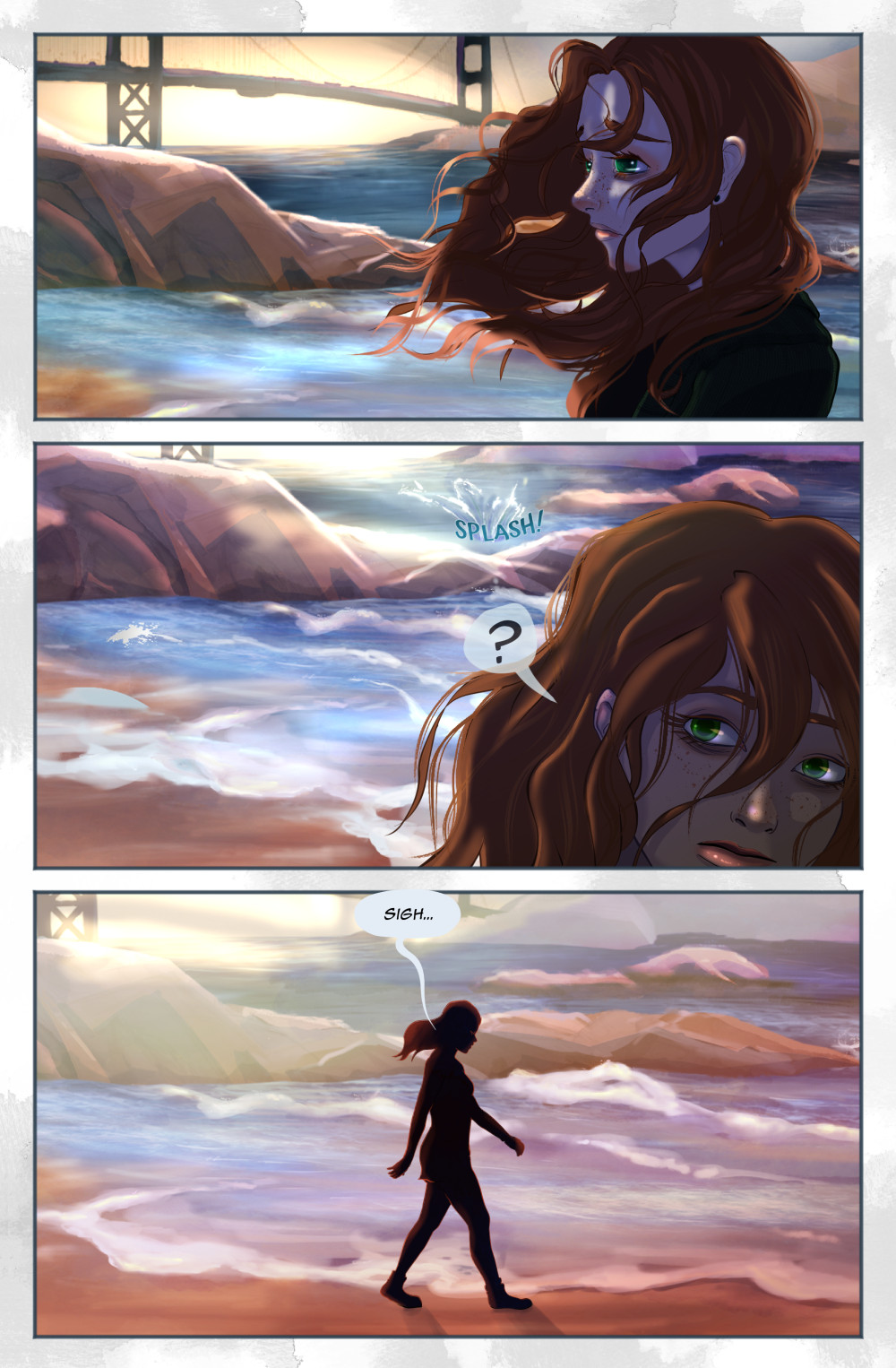 Kiera, the red headed woman, hears something splash in the water. But walks away from the beach anyways.