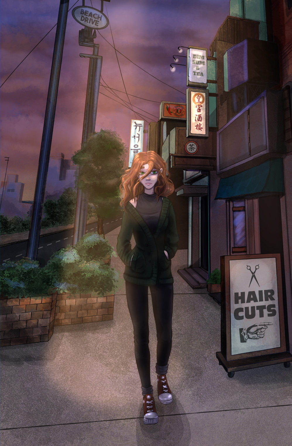 Kiera the red headed woman walks home at dusk through city streets.