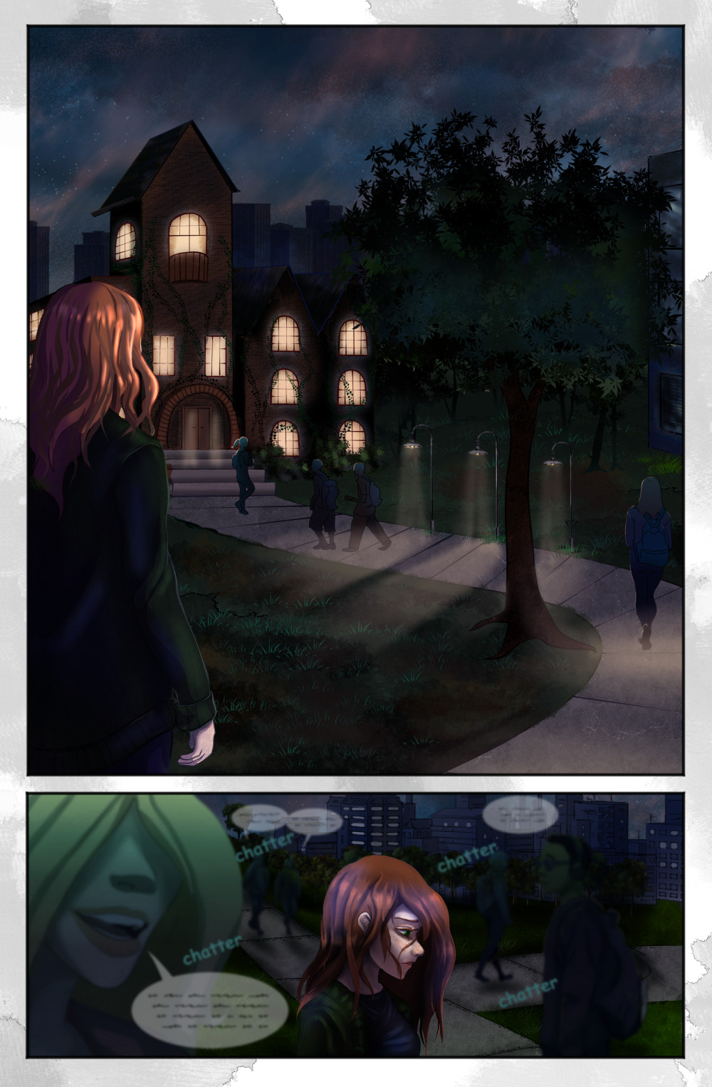Kiera, the red headed woman, walks home at dusk through a busy college campus.