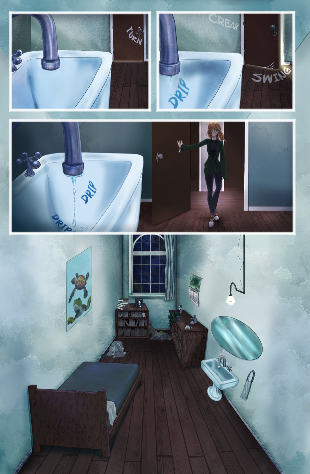 A sink dripping water. The woman, Kiera, opens the door to reveal the sink in a small messy dorm room.