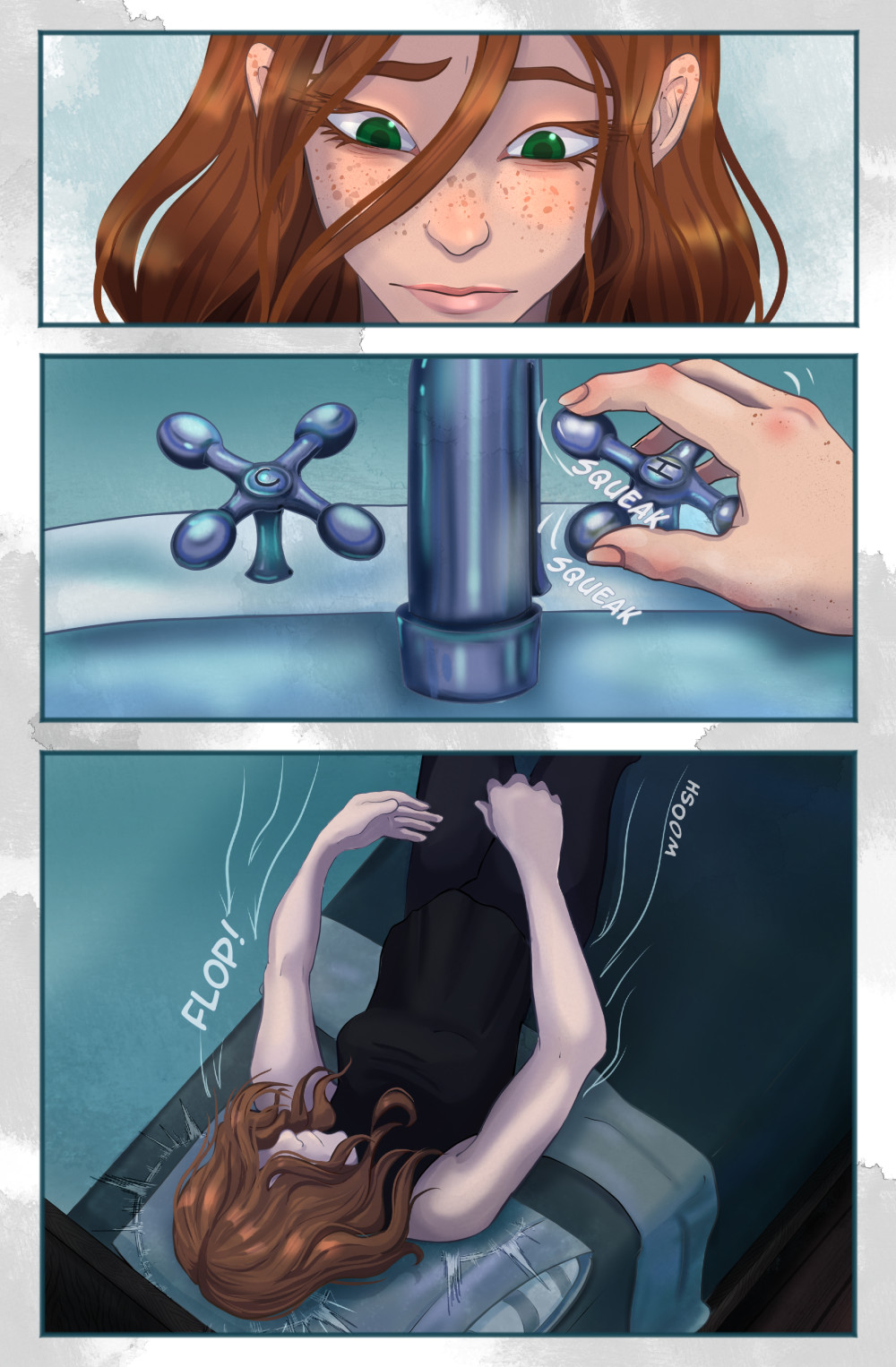 The woman, Kiera, shuts off the dripping sink, and flops down onto her bed.