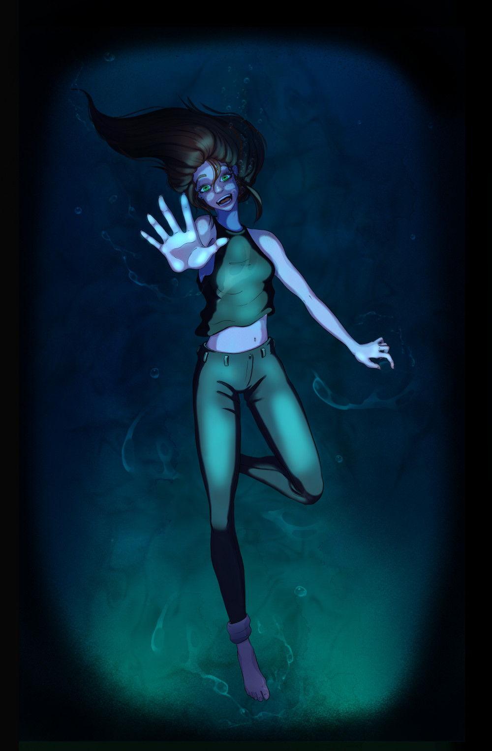 The woman Kiera is under water struggling.