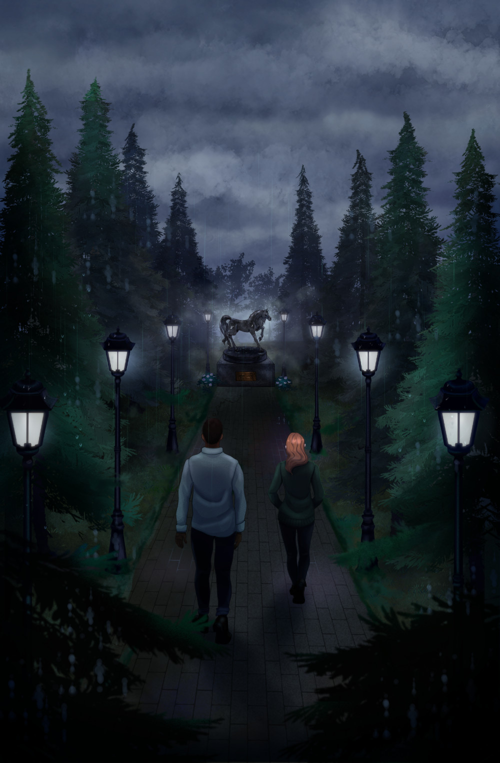 Walking in the rain, Kiera and Ed see a horse statue.