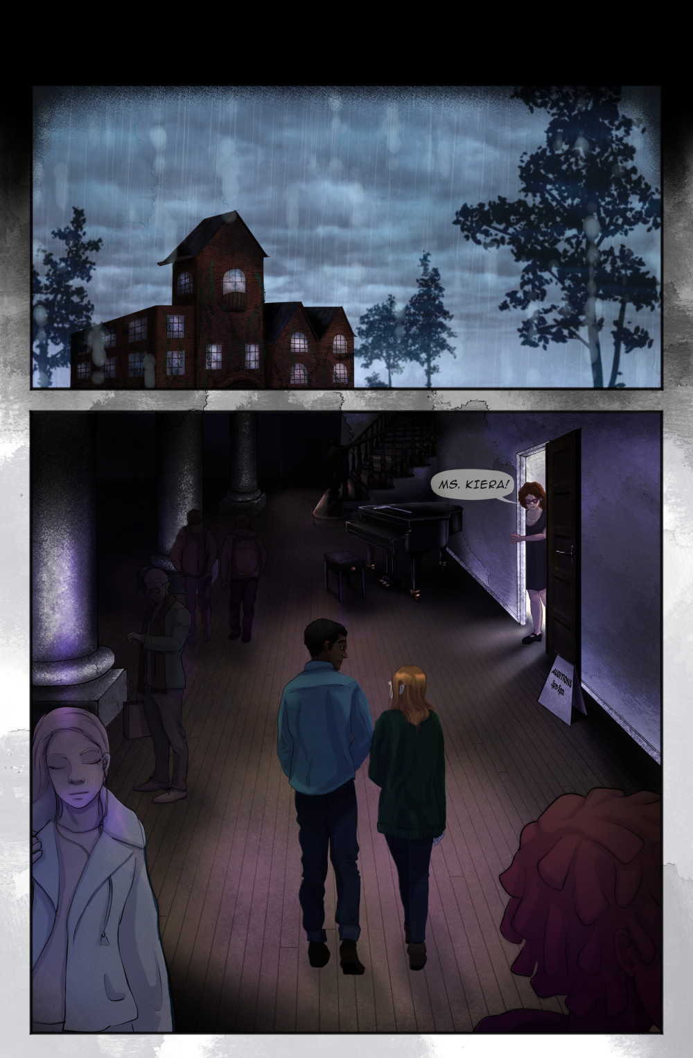 A university campus in the rain. Kiera and Ed walking the halls